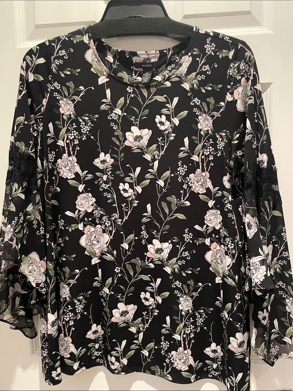 Alfani black floral bell sleeve top size Large